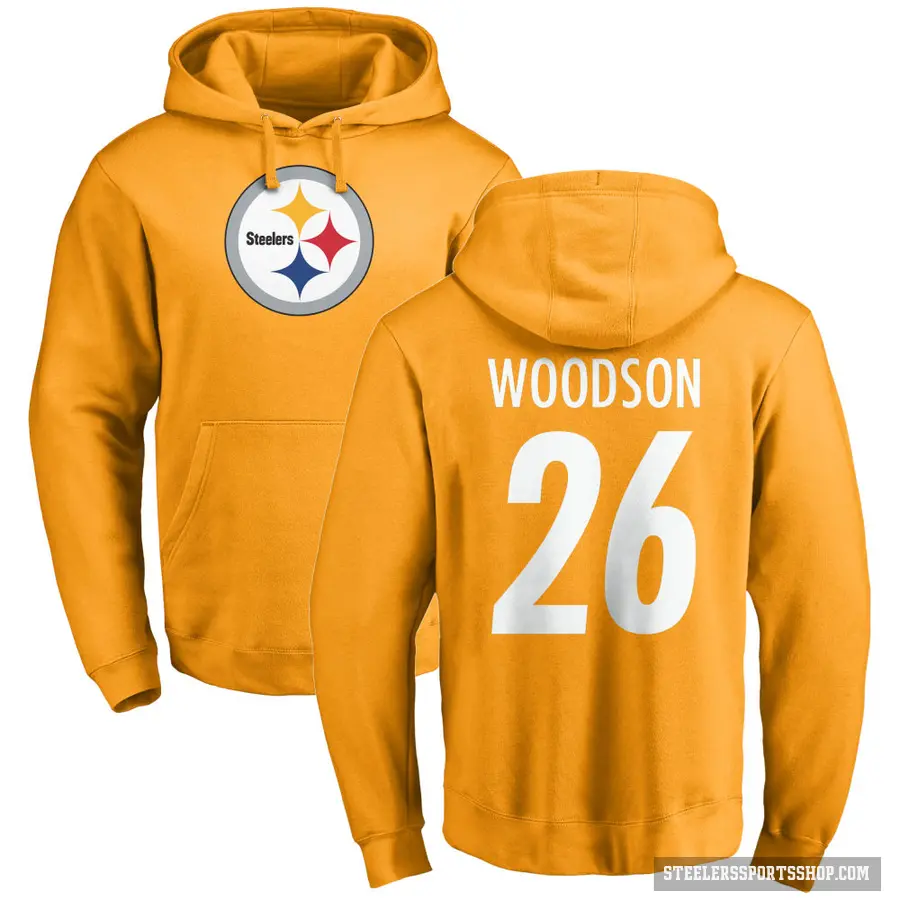 Men's ＃26 Rod Woodson Pittsburgh Steelers Gold Pro Line Name & Number Logo Pullover Hoodie