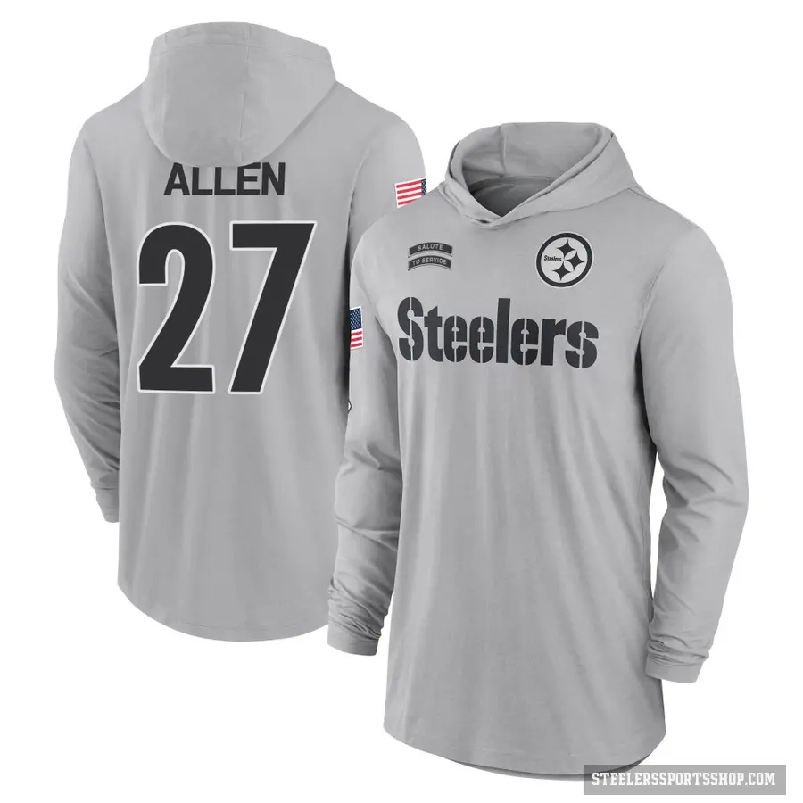 Men's ＃27 Marcus Allen Pittsburgh Steelers Gray 2024 Salute to Service Lightweight Performance Long Sleeve Hooded T-Shirt