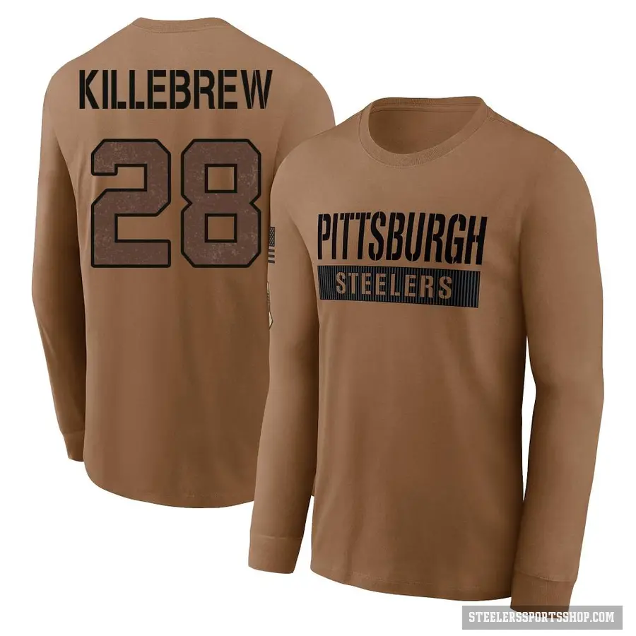 Men's ＃28 Miles Killebrew Pittsburgh Steelers Brown 2023 Salute To Service Long Sleeve T-Shirt