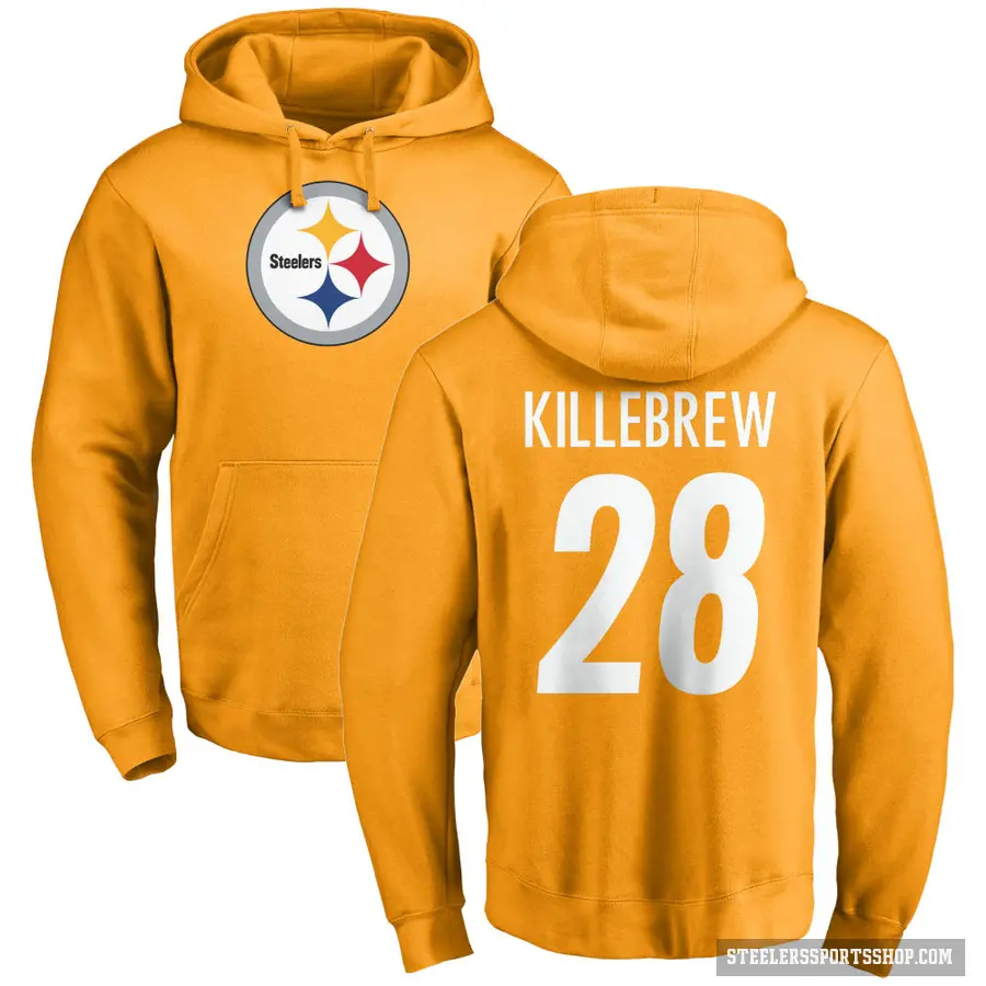 Men's ＃28 Miles Killebrew Pittsburgh Steelers Gold Pro Line Name & Number Logo Pullover Hoodie