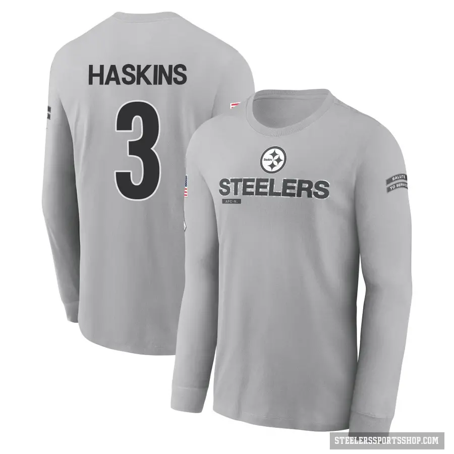 Men's ＃3 Dwayne Haskins Pittsburgh Steelers Gray 2024 Salute to Service Long Sleeve T-Shirt