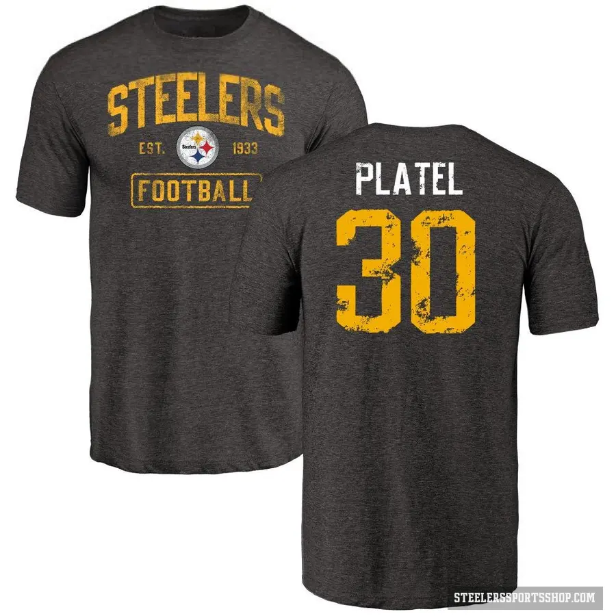 Men's ＃30 Carlins Platel Pittsburgh Steelers Black Distressed T-Shirt