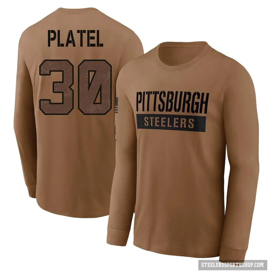 Men's ＃30 Carlins Platel Pittsburgh Steelers Brown 2023 Salute To Service Long Sleeve T-Shirt