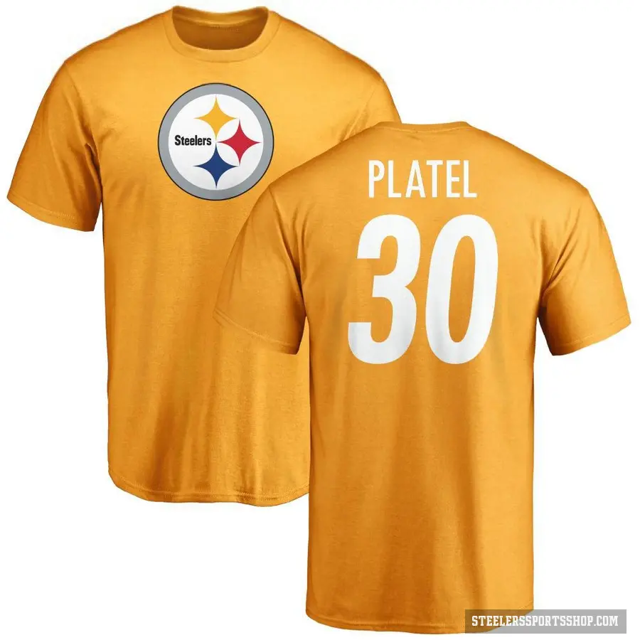 Men's ＃30 Carlins Platel Pittsburgh Steelers Gold Logo T-Shirt