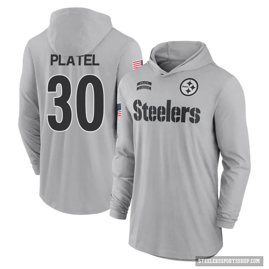 Men's ＃30 Carlins Platel Pittsburgh Steelers Gray 2024 Salute to Service Lightweight Performance Long Sleeve Hooded T-Shirt