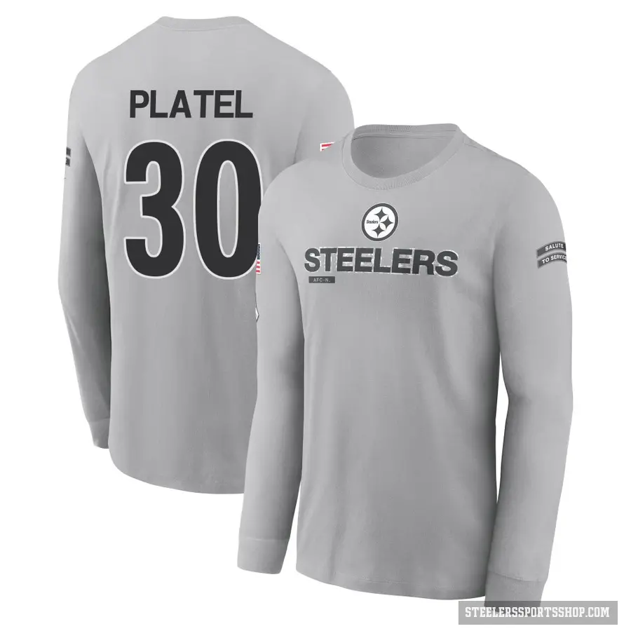 Men's ＃30 Carlins Platel Pittsburgh Steelers Gray 2024 Salute to Service Long Sleeve T-Shirt