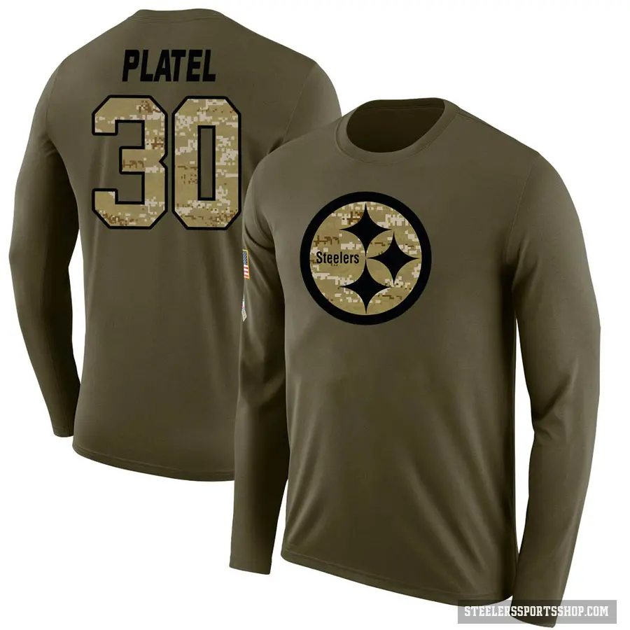 Men's ＃30 Carlins Platel Pittsburgh Steelers Olive Salute to Service Sideline Long Sleeve T-Shirt