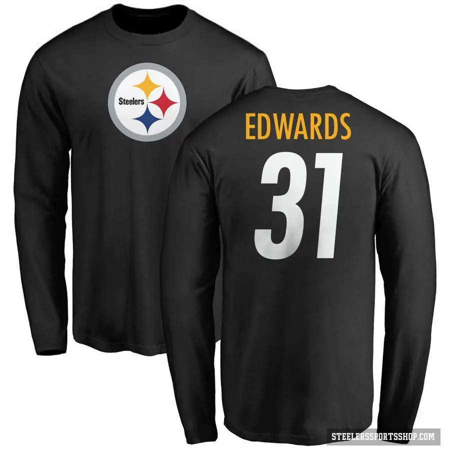 Men's ＃31 Daijun Edwards Pittsburgh Steelers Black Logo Long Sleeve T-Shirt