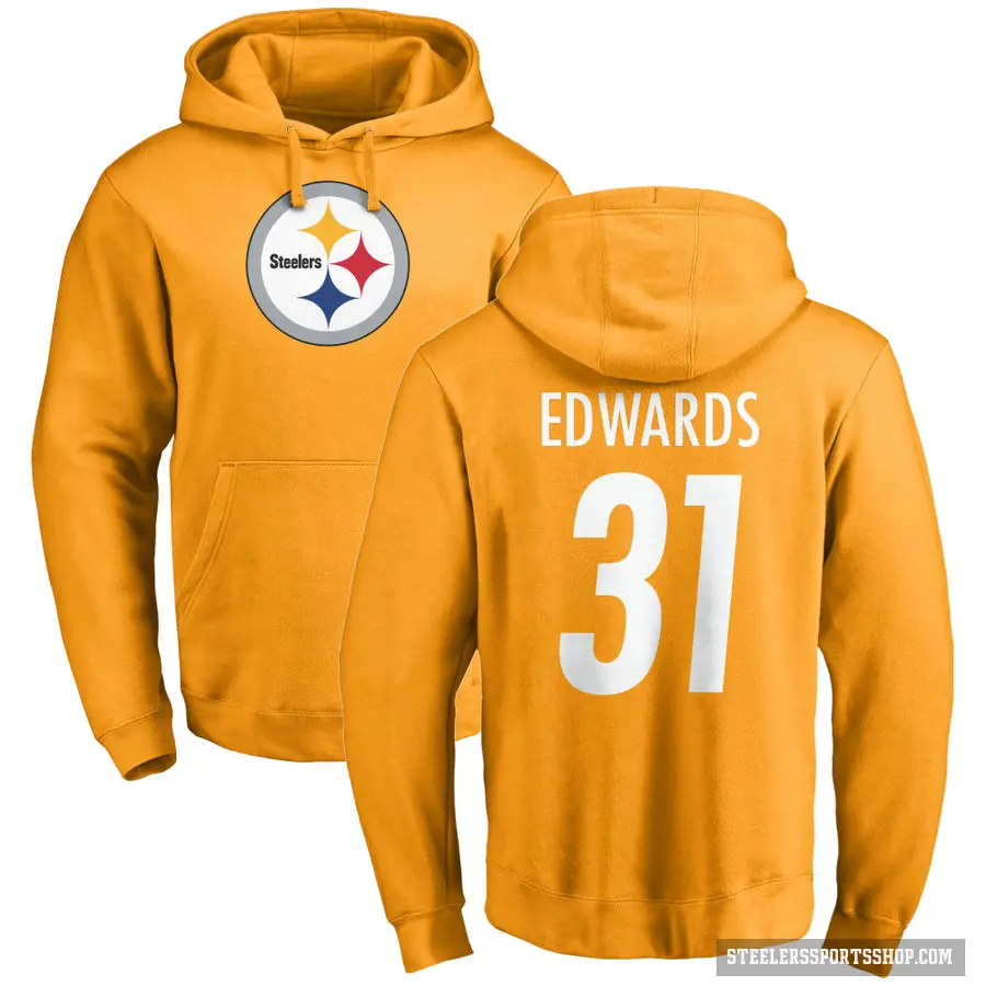 Men's ＃31 Daijun Edwards Pittsburgh Steelers Gold Pro Line Name & Number Logo Pullover Hoodie