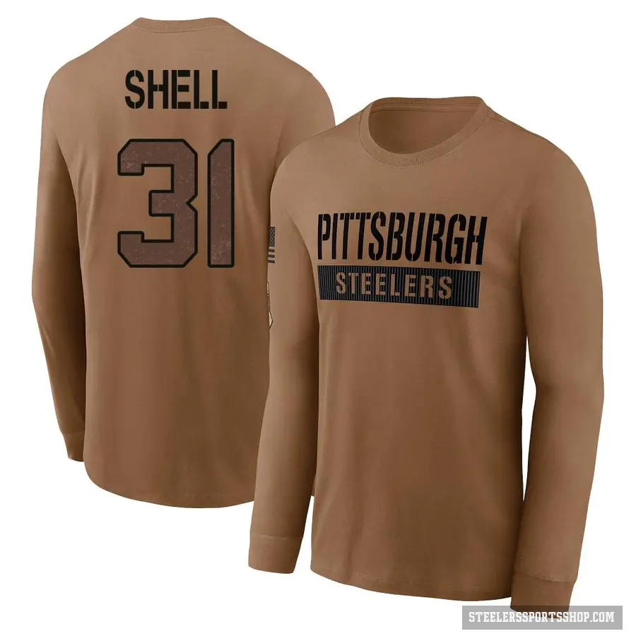 Men's ＃31 Donnie Shell Pittsburgh Steelers Brown 2023 Salute To Service Long Sleeve T-Shirt