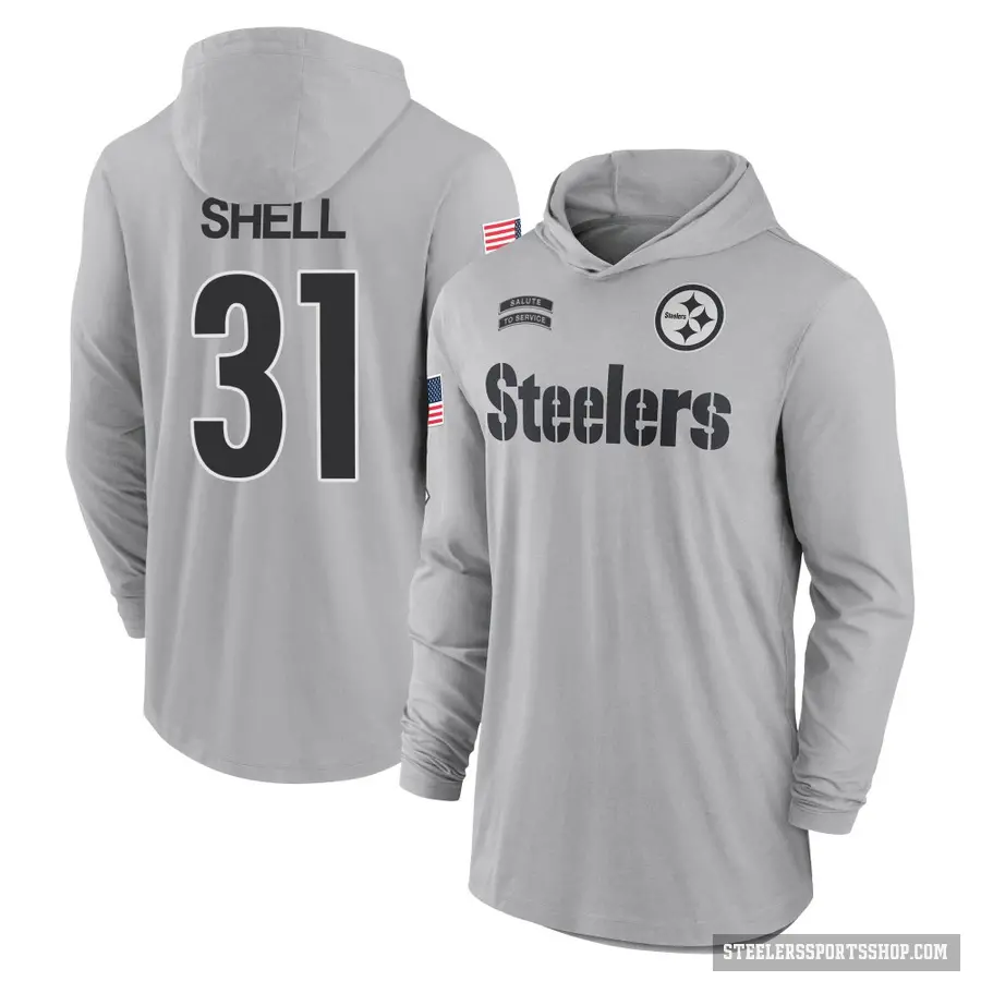 Men's ＃31 Donnie Shell Pittsburgh Steelers Gray 2024 Salute to Service Lightweight Performance Long Sleeve Hooded T-Shirt