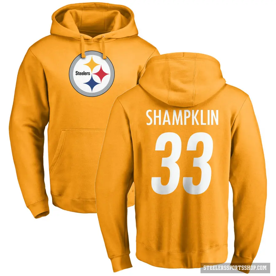 Men's ＃33 Aaron Shampklin Pittsburgh Steelers Gold Pro Line Name & Number Logo Pullover Hoodie