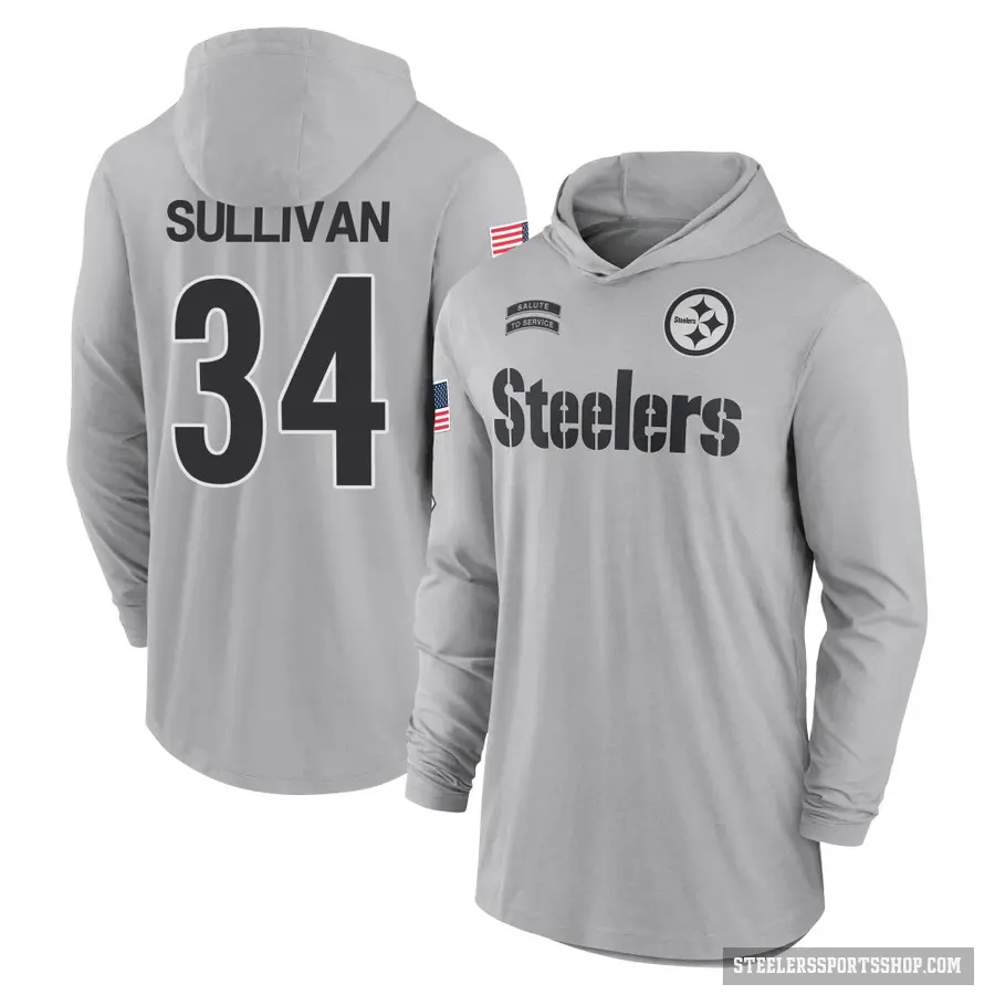 Men's ＃34 Chandon Sullivan Pittsburgh Steelers Gray 2024 Salute to Service Lightweight Performance Long Sleeve Hooded T-Shirt