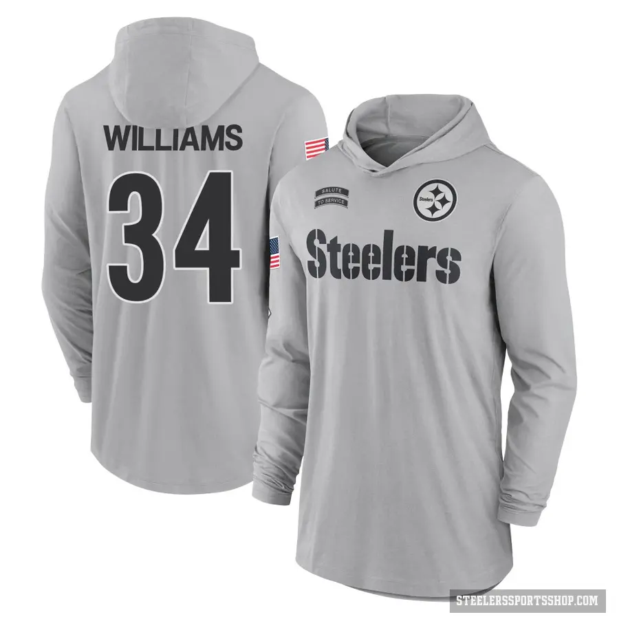 Men's ＃34 DeAngelo Williams Pittsburgh Steelers Gray 2024 Salute to Service Lightweight Performance Long Sleeve Hooded T-Shirt