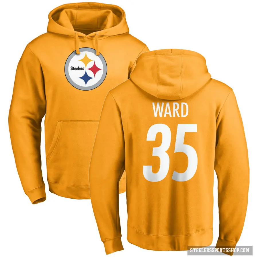 Men's ＃35 Jonathan Ward Pittsburgh Steelers Gold Pro Line Name & Number Logo Pullover Hoodie