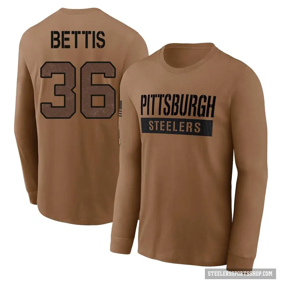 Men's ＃36 Jerome Bettis Pittsburgh Steelers Brown 2023 Salute To Service Long Sleeve T-Shirt