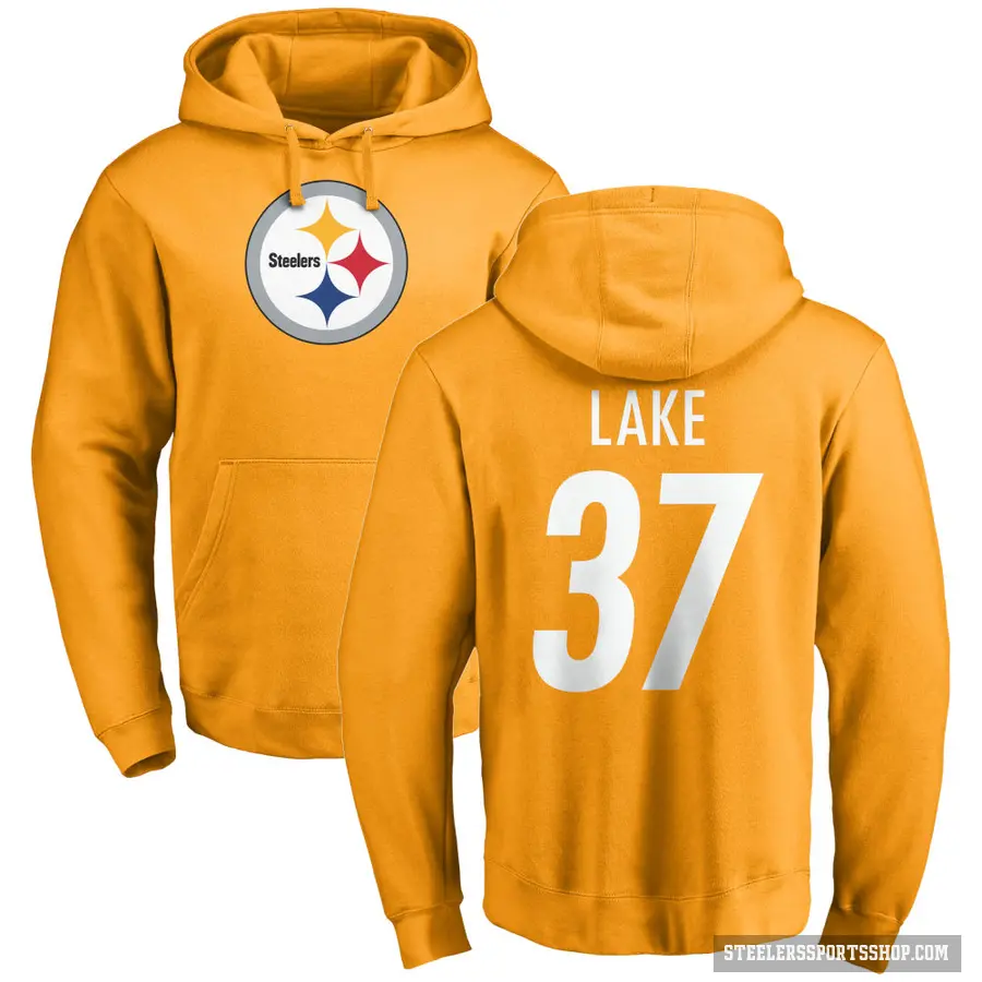 Men's ＃37 Carnell Lake Pittsburgh Steelers Gold Pro Line Name & Number Logo Pullover Hoodie