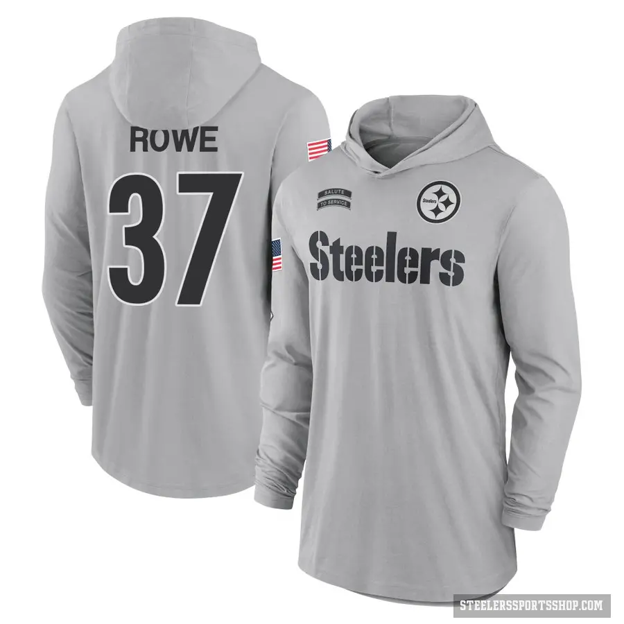 Men's ＃37 Eric Rowe Pittsburgh Steelers Gray 2024 Salute to Service Lightweight Performance Long Sleeve Hooded T-Shirt