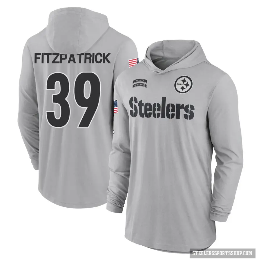 Men's ＃39 Minkah Fitzpatrick Pittsburgh Steelers Gray 2024 Salute to Service Lightweight Performance Long Sleeve Hooded T-Shirt