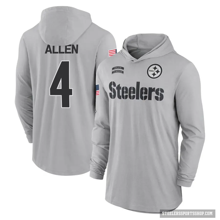 Men's ＃4 Kyle Allen Pittsburgh Steelers Gray 2024 Salute to Service Lightweight Performance Long Sleeve Hooded T-Shirt