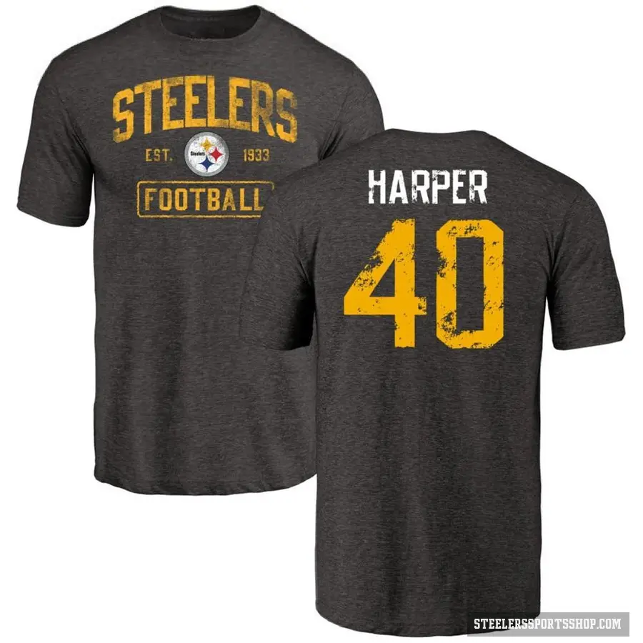 Men's ＃40 Devin Harper Pittsburgh Steelers Black Distressed T-Shirt