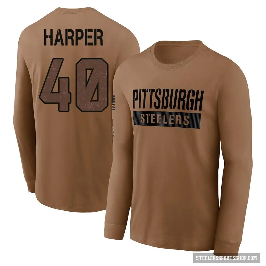 Men's ＃40 Devin Harper Pittsburgh Steelers Brown 2023 Salute To Service Long Sleeve T-Shirt