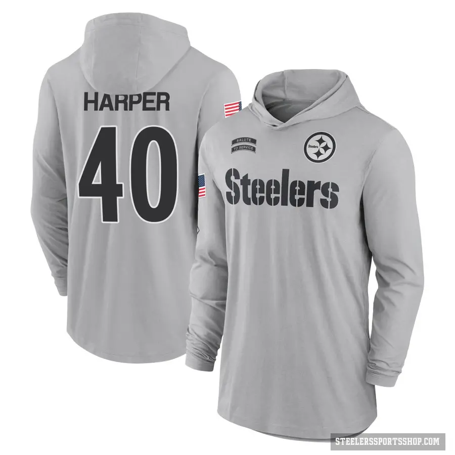 Men's ＃40 Devin Harper Pittsburgh Steelers Gray 2024 Salute to Service Lightweight Performance Long Sleeve Hooded T-Shirt