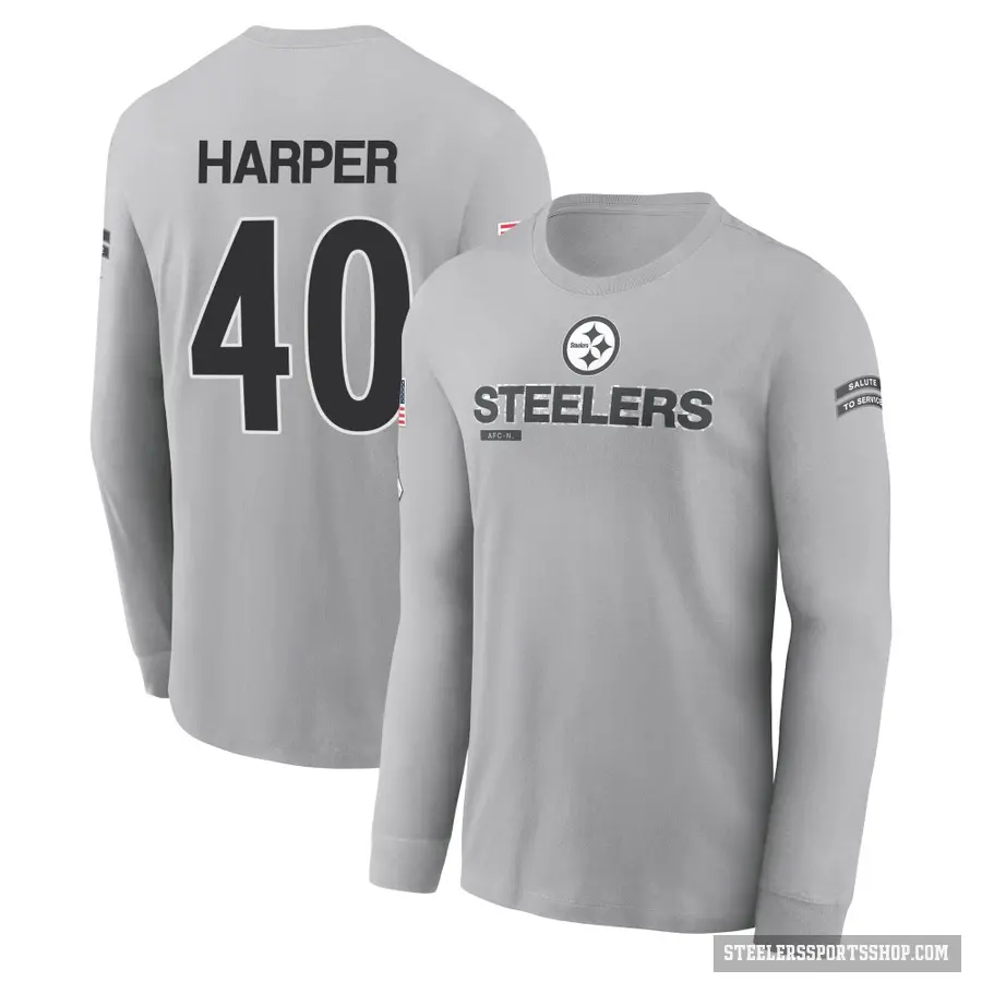 Men's ＃40 Devin Harper Pittsburgh Steelers Gray 2024 Salute to Service Long Sleeve T-Shirt