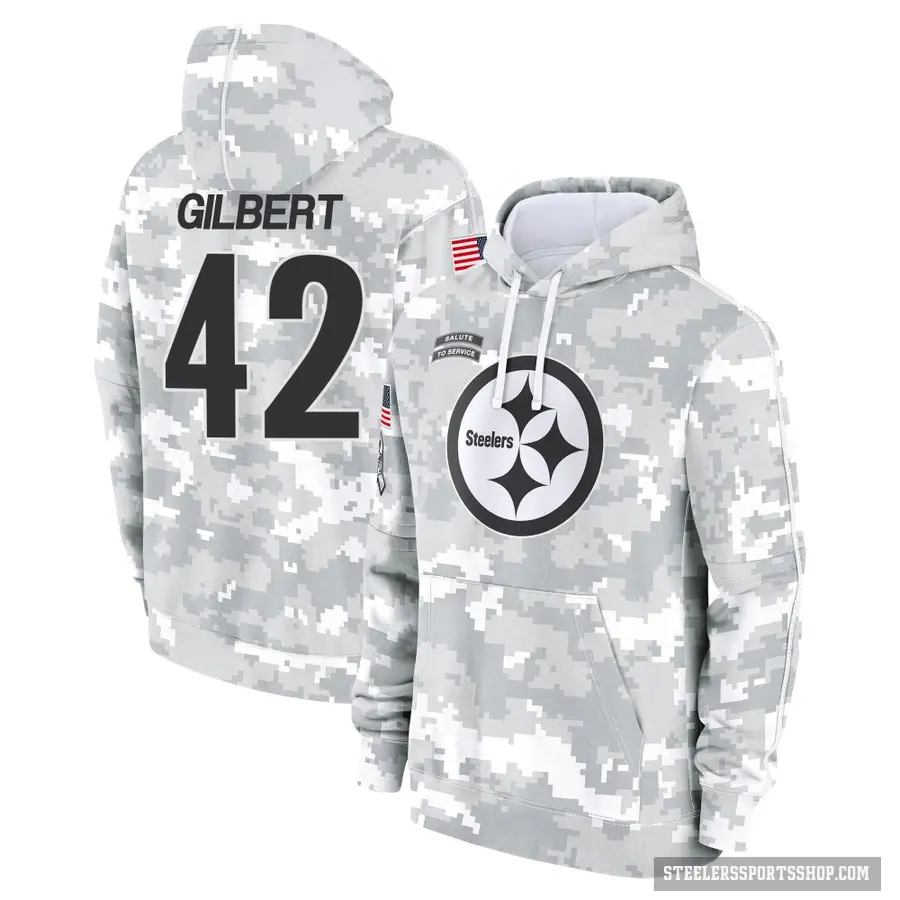 Men's ＃42 Zyon Gilbert Pittsburgh Steelers Arctic Camo 2024 Salute to Service Club Fleece Pullover Hoodie