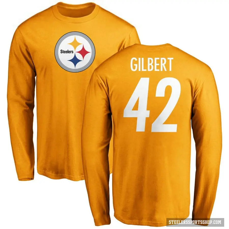 Men's ＃42 Zyon Gilbert Pittsburgh Steelers Gold Logo Long Sleeve T-Shirt