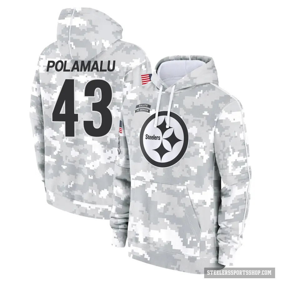 Men's ＃43 Troy Polamalu Pittsburgh Steelers Arctic Camo 2024 Salute to Service Club Fleece Pullover Hoodie