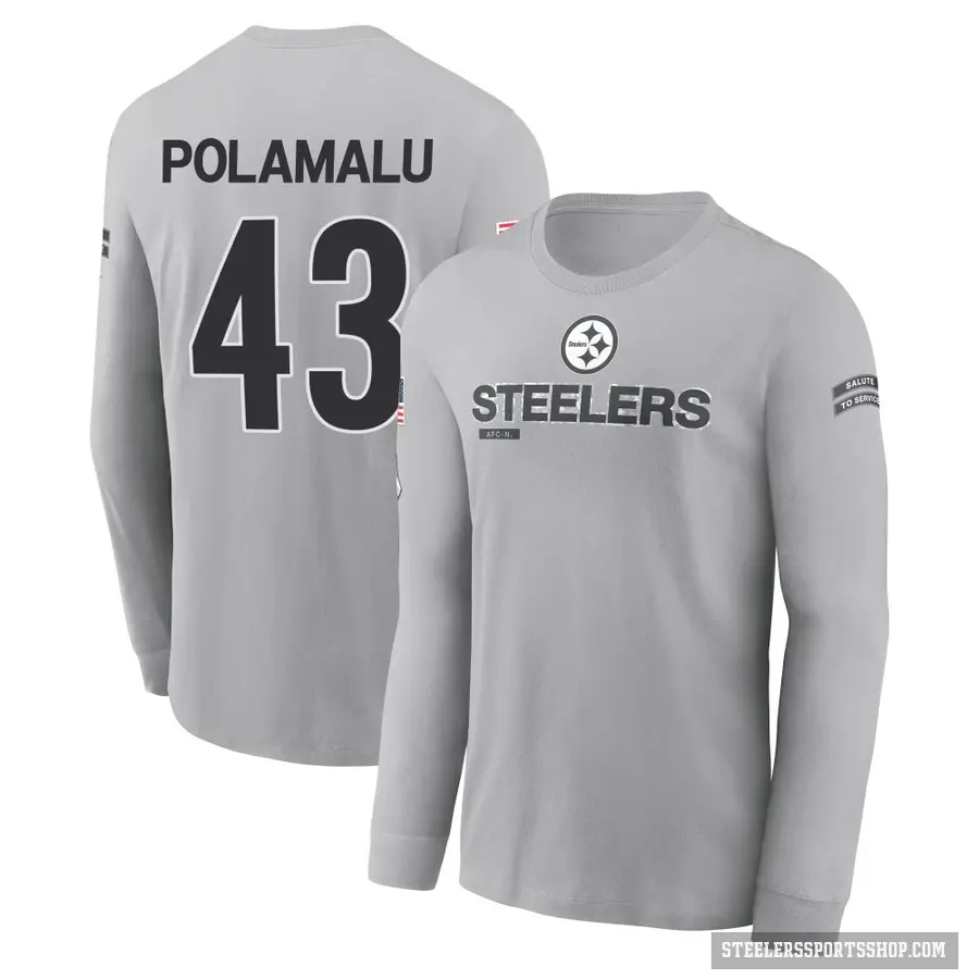 Men's ＃43 Troy Polamalu Pittsburgh Steelers Gray 2024 Salute to Service Long Sleeve T-Shirt