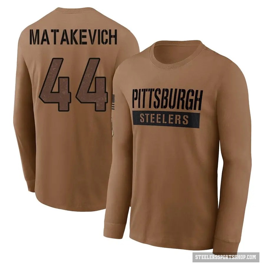 Men's ＃44 Tyler Matakevich Pittsburgh Steelers Brown 2023 Salute To Service Long Sleeve T-Shirt