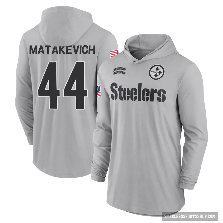 Men's ＃44 Tyler Matakevich Pittsburgh Steelers Gray 2024 Salute to Service Lightweight Performance Long Sleeve Hooded T-Shirt