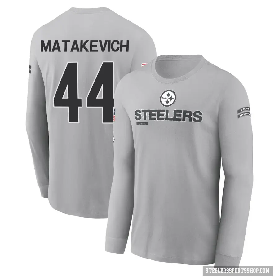 Men's ＃44 Tyler Matakevich Pittsburgh Steelers Gray 2024 Salute to Service Long Sleeve T-Shirt