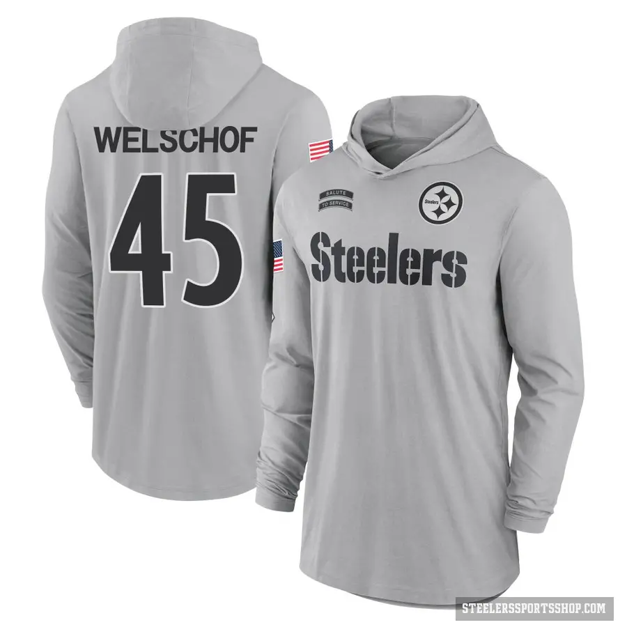 Men's ＃45 Julius Welschof Pittsburgh Steelers Gray 2024 Salute to Service Lightweight Performance Long Sleeve Hooded T-Shirt