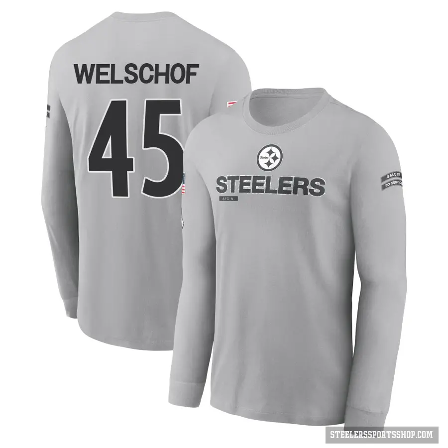 Men's ＃45 Julius Welschof Pittsburgh Steelers Gray 2024 Salute to Service Long Sleeve T-Shirt