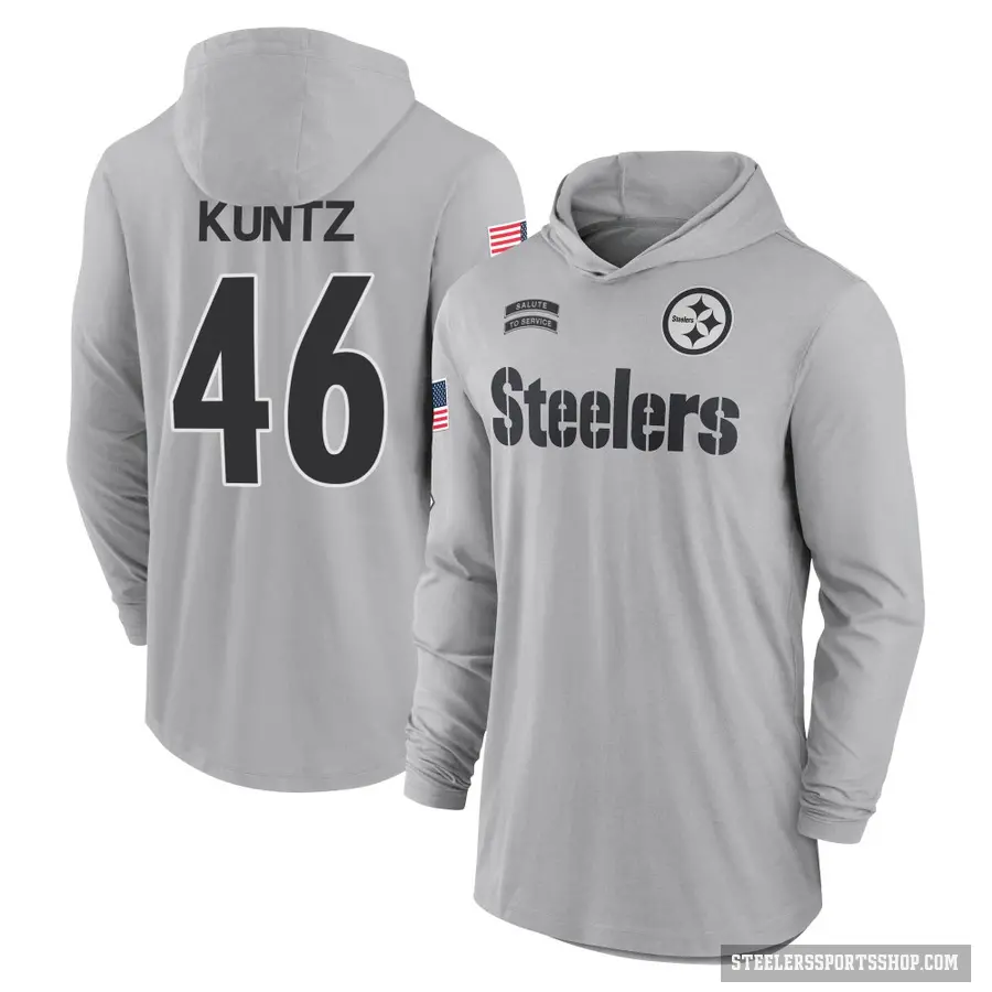 Men's ＃46 Christian Kuntz Pittsburgh Steelers Gray 2024 Salute to Service Lightweight Performance Long Sleeve Hooded T-Shirt