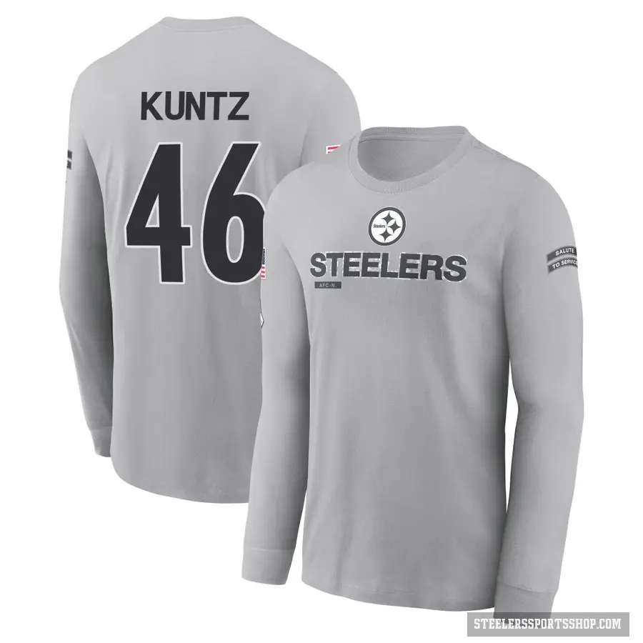 Men's ＃46 Christian Kuntz Pittsburgh Steelers Gray 2024 Salute to Service Long Sleeve T-Shirt