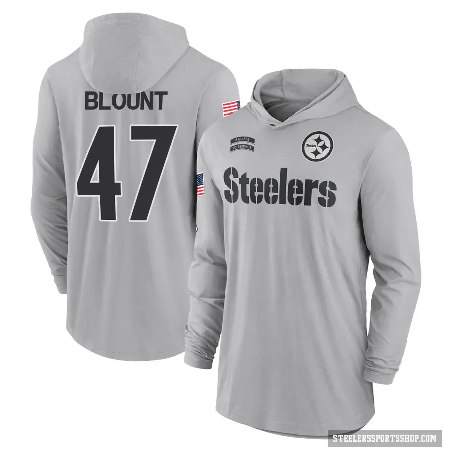 Men's ＃47 Mel Blount Pittsburgh Steelers Gray 2024 Salute to Service Lightweight Performance Long Sleeve Hooded T-Shirt