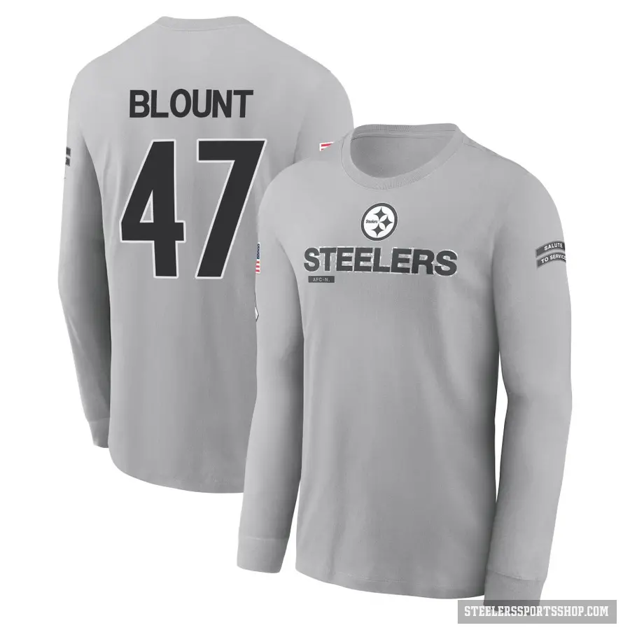 Men's ＃47 Mel Blount Pittsburgh Steelers Gray 2024 Salute to Service Long Sleeve T-Shirt