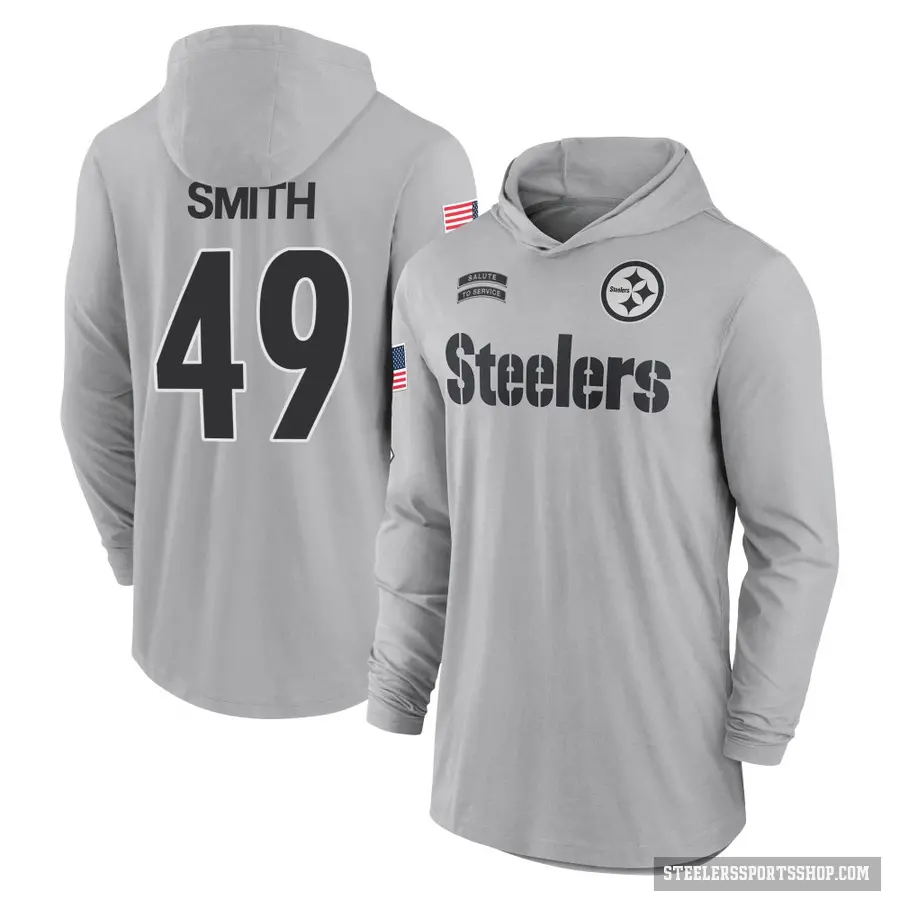 Men's ＃49 Jaylon Smith Pittsburgh Steelers Gray 2024 Salute to Service Lightweight Performance Long Sleeve Hooded T-Shirt