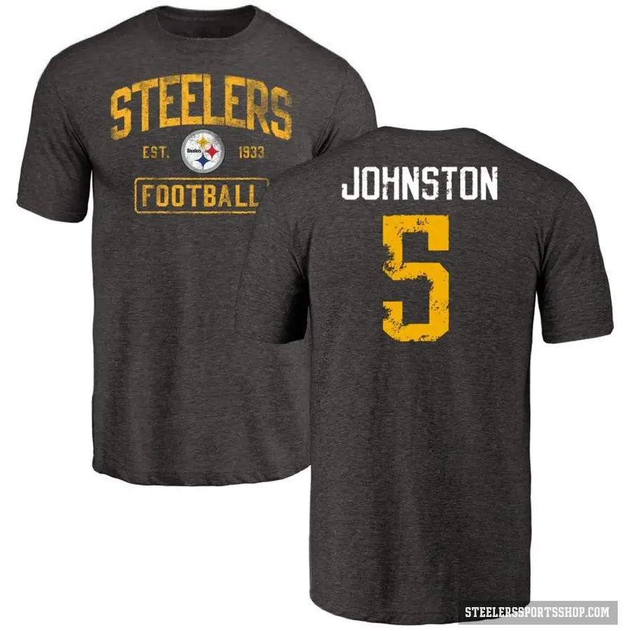 Men's ＃5 Cameron Johnston Pittsburgh Steelers Black Distressed T-Shirt