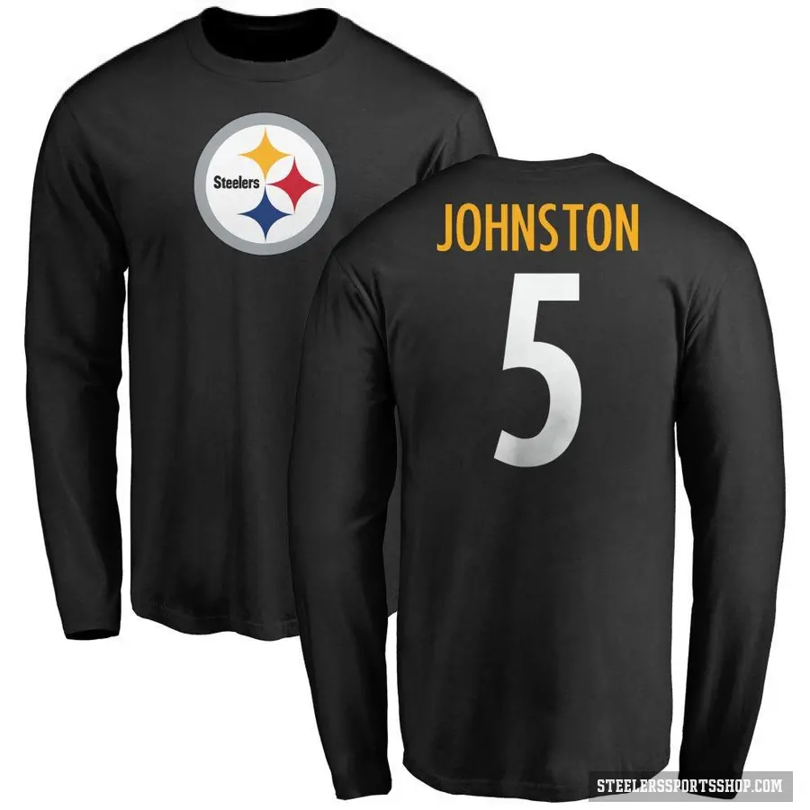 Men's ＃5 Cameron Johnston Pittsburgh Steelers Black Logo Long Sleeve T-Shirt