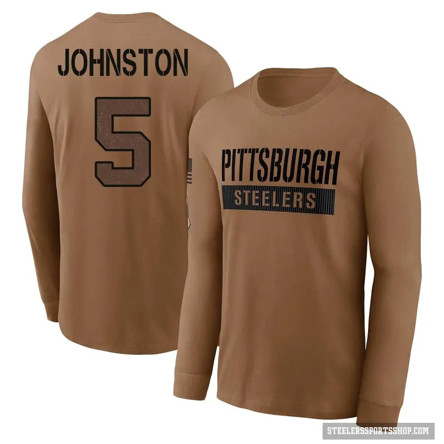 Men's ＃5 Cameron Johnston Pittsburgh Steelers Brown 2023 Salute To Service Long Sleeve T-Shirt