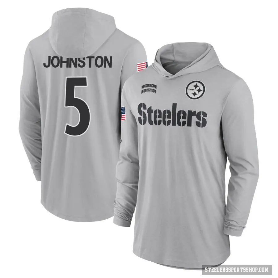 Men's ＃5 Cameron Johnston Pittsburgh Steelers Gray 2024 Salute to Service Lightweight Performance Long Sleeve Hooded T-Shirt