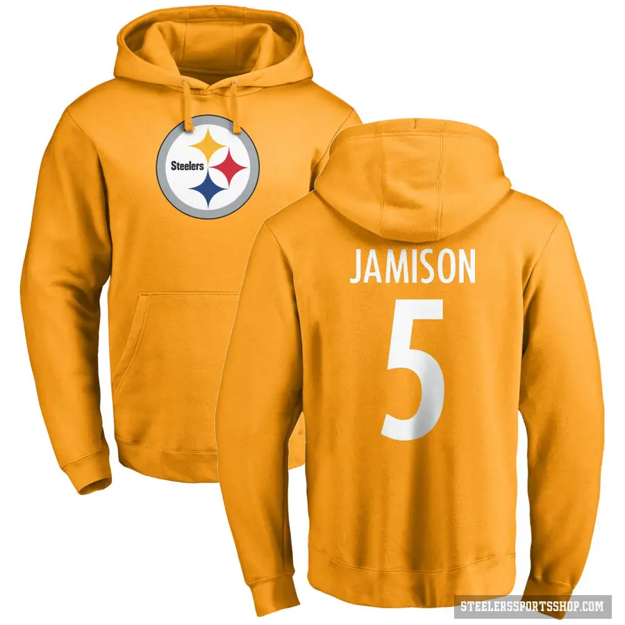 Men's ＃5 D'Shawn Jamison Pittsburgh Steelers Gold Pro Line Name & Number Logo Pullover Hoodie