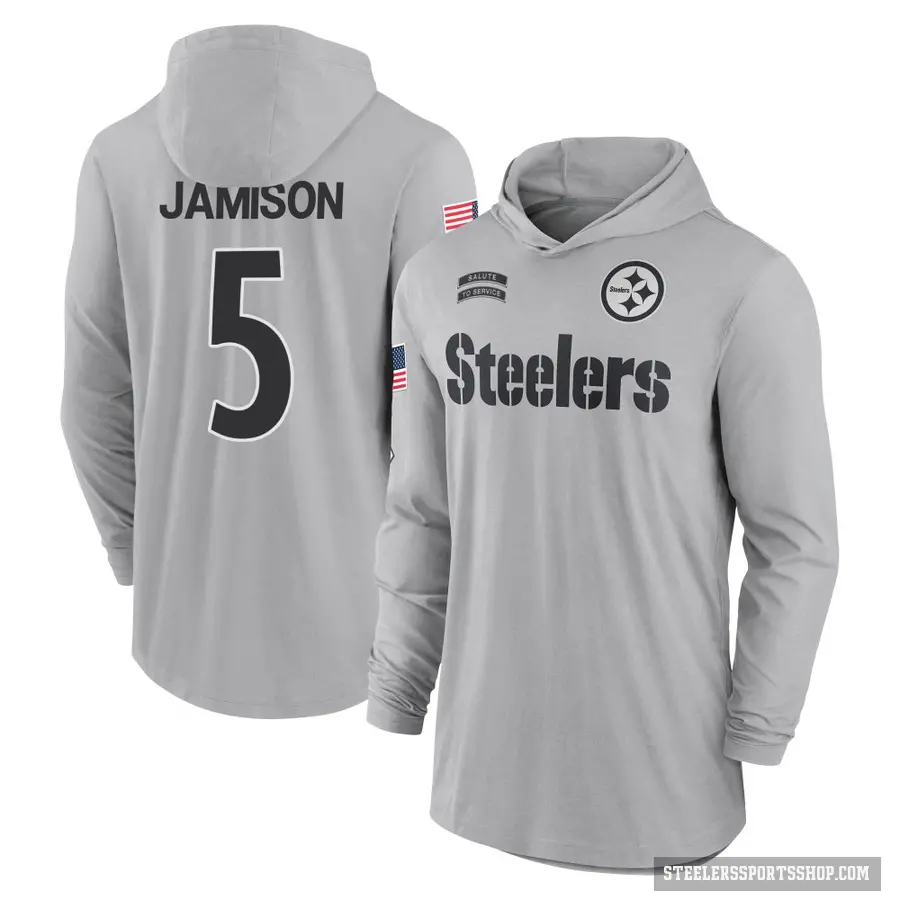 Men's ＃5 D'Shawn Jamison Pittsburgh Steelers Gray 2024 Salute to Service Lightweight Performance Long Sleeve Hooded T-Shirt