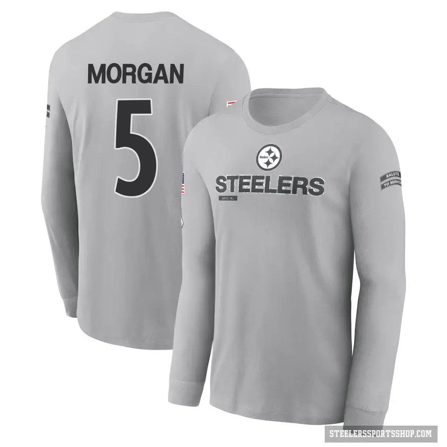 Men's ＃5 Tanner Morgan Pittsburgh Steelers Gray 2024 Salute to Service Long Sleeve T-Shirt