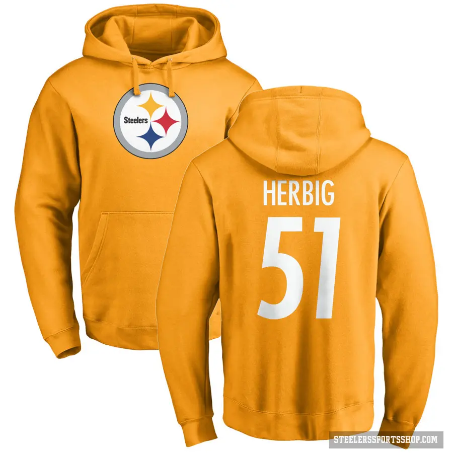 Men's ＃51 Nick Herbig Pittsburgh Steelers Gold Pro Line Name & Number Logo Pullover Hoodie